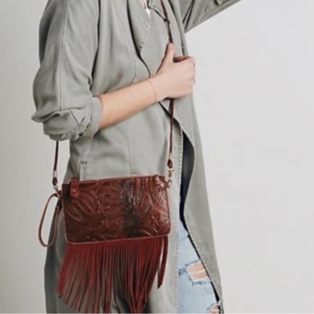 NWT Free People Festival Tooled Fringed Leather Crossbody Bag